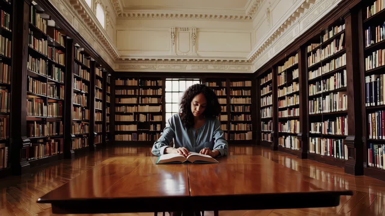 Woman Reading in a Large Library