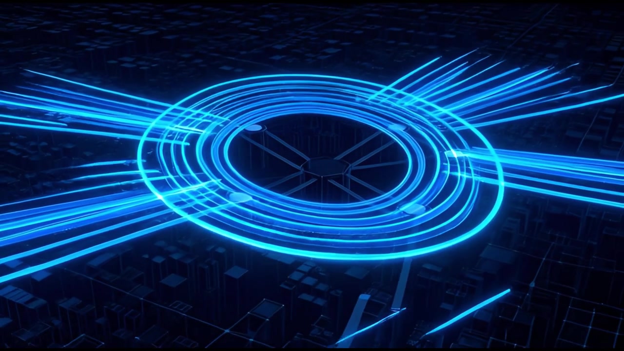 Digital Data Network Flowing Through Futuristic City Grid