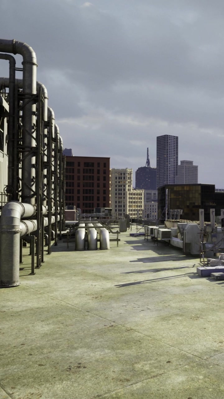 Vista del horizonte urbano desde una azotea con estructuras industriales y el perfil de la ciudad.