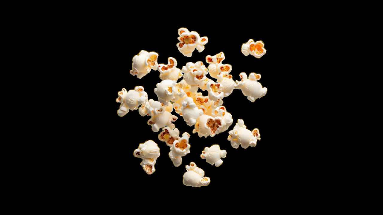 Sovrapposizione animata di popcorn sparsi, video 4K trasparente, canale alfa, ProRes 4444
