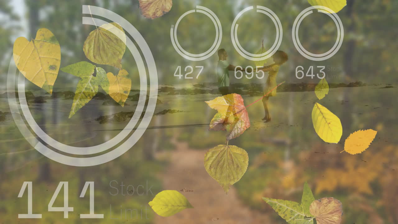 Falling leaves animation over hikers on forest trail with stock data overlay