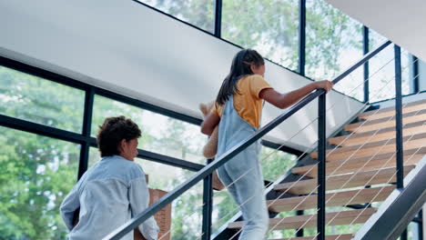 Happy-family,-front-door-and-running-up-stairs