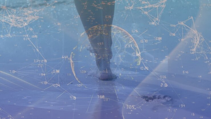 Animation of globe, numbers connecting dots against caucasian man walking at beach