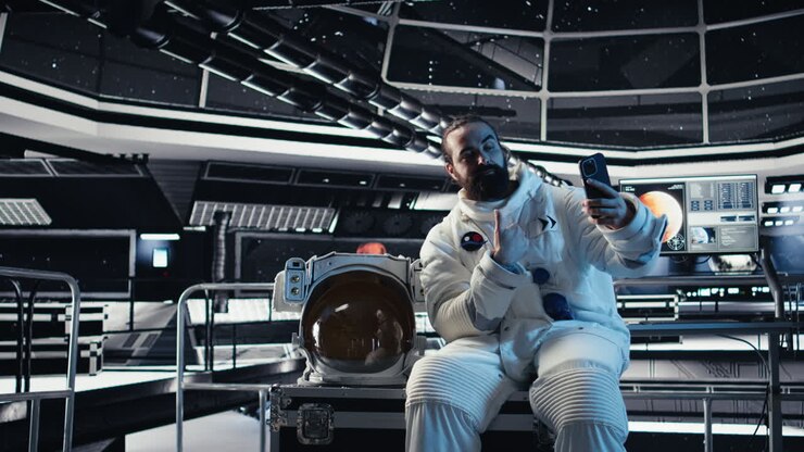 Astronaut doing hand gestures while taking selfies with smartphone in spaceship