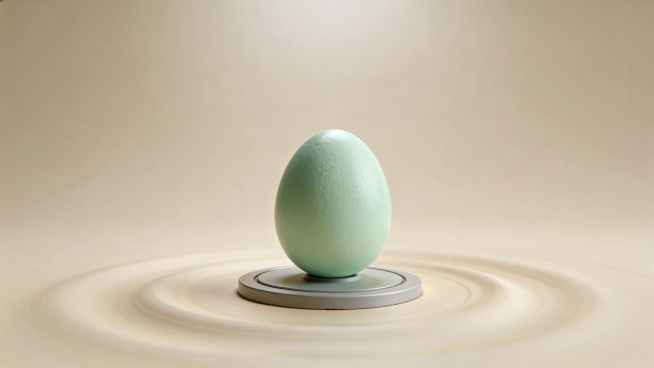 Vibrating pedestal nudging mint-green egg to settle on beige backdrop, ripples expanding for demo