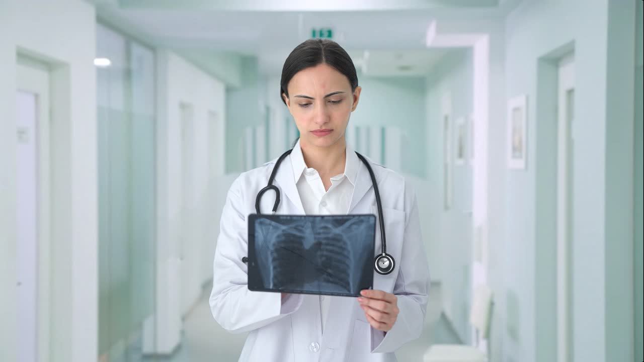 una mujer india grave chequeando rayos x