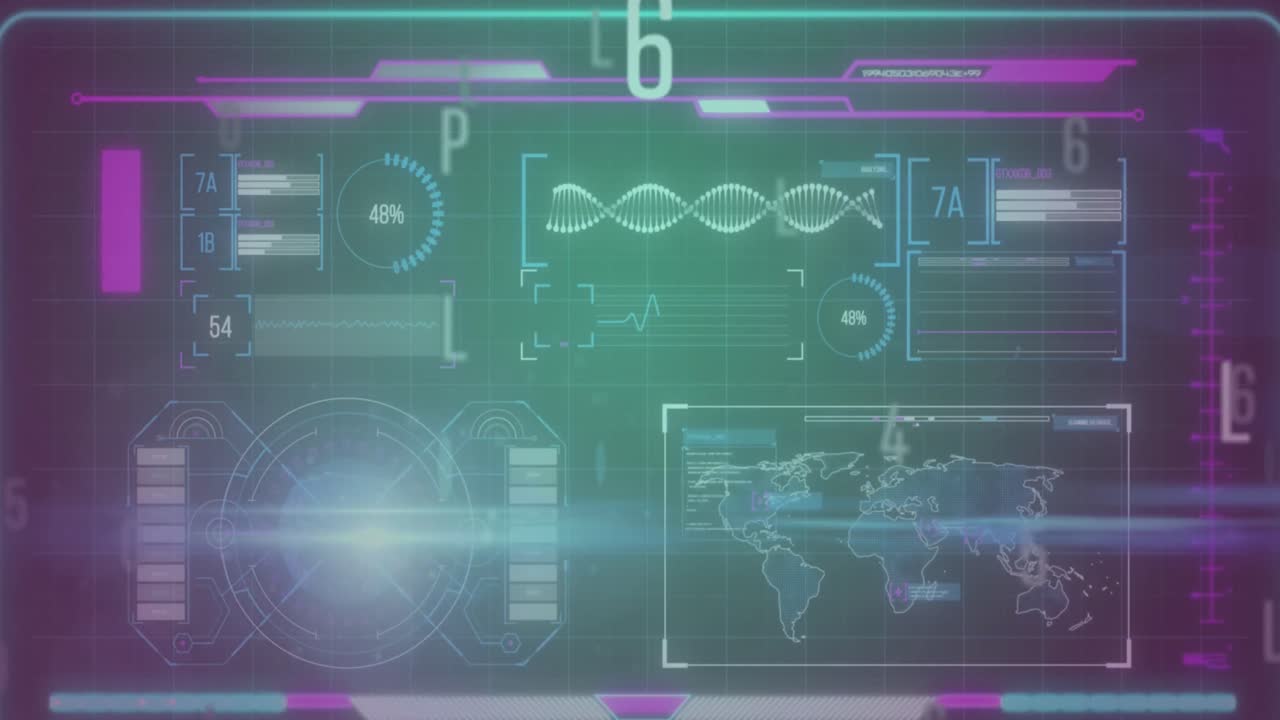 Animation of changing letters and numbers over illuminated hud interface against abstract background