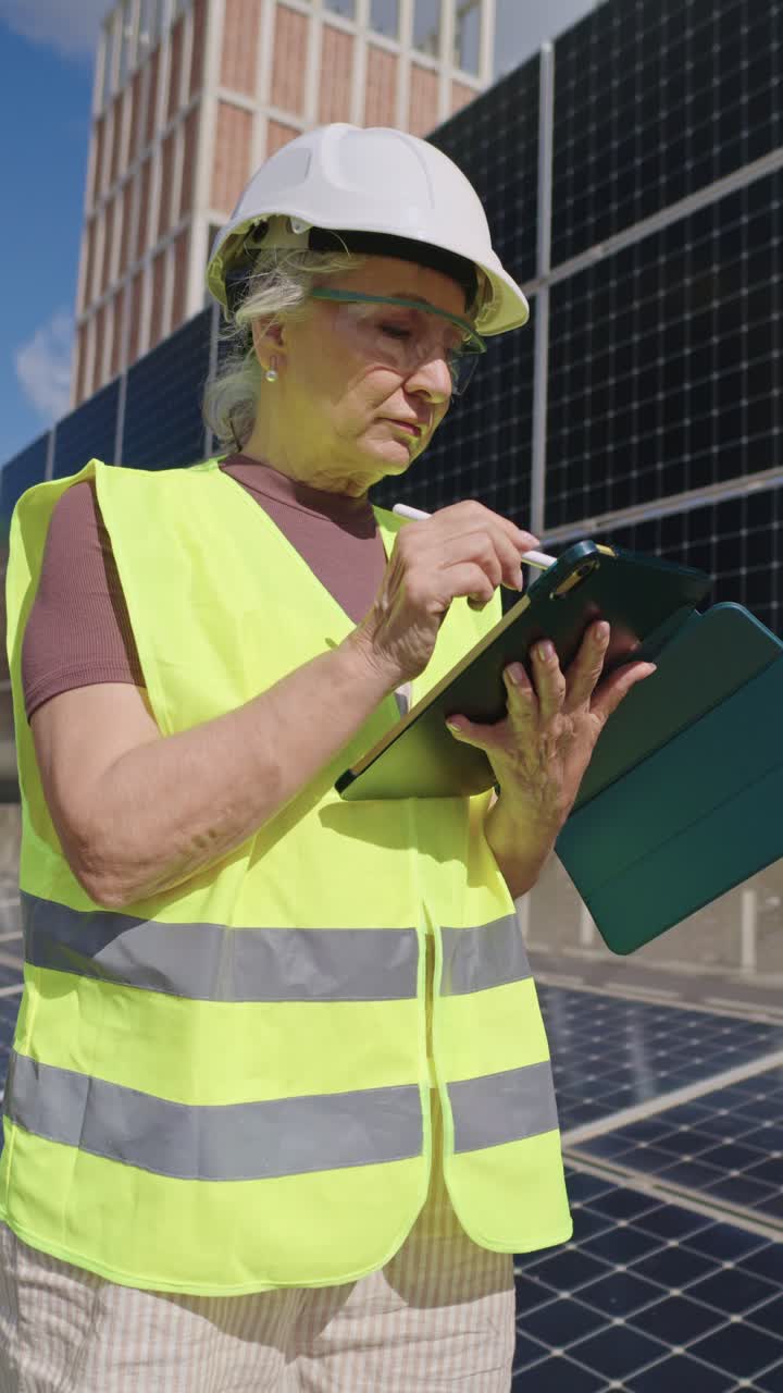 Female engineer inspecting solar panels