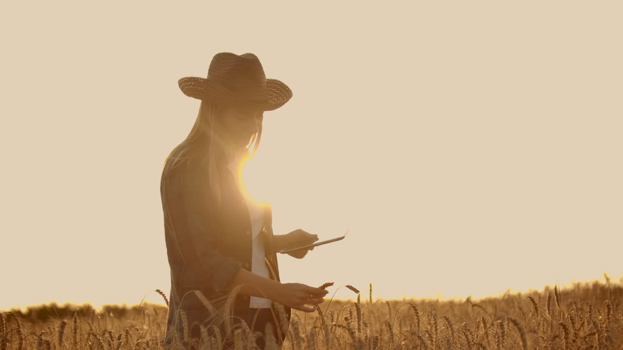 una mujer granjera con un sombrero y una camisa a cuadros toca los brotes y semillas de centeno examina y introduce datos en la tableta está en el campo al atardecer.