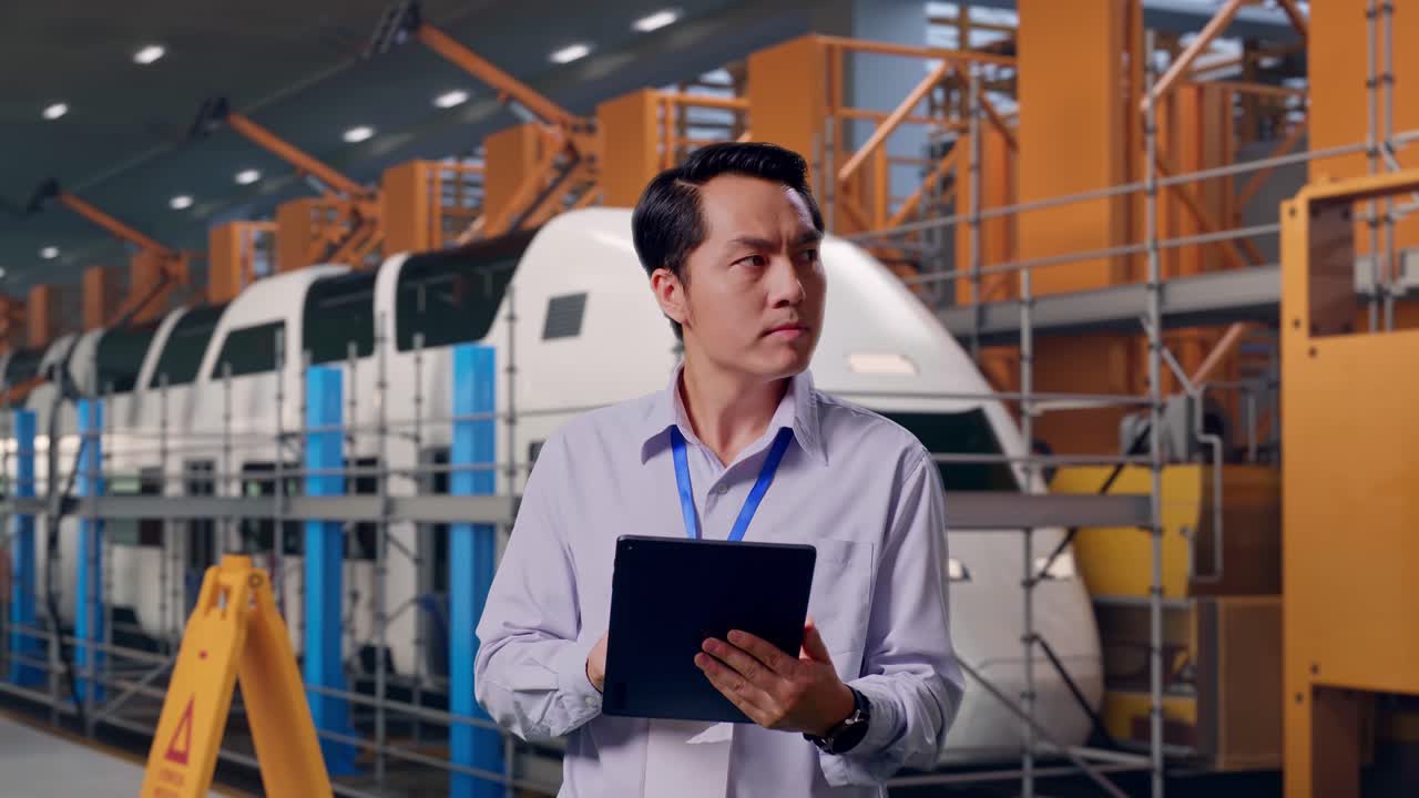 Asian Male Professional Worker Standing With His Tablet, Train Maintenance Engineers in a Depot, He Observes By Looking Around Before He Come To Concentrating With His Tablet