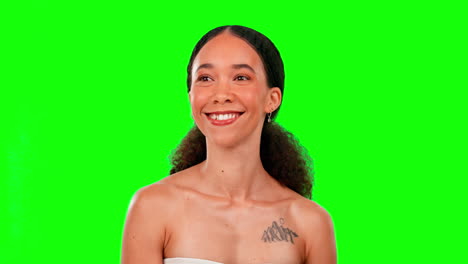 happy, thinking and a woman with beauty on a green