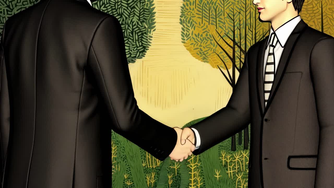 Illustrazione di una stretta di mano tra due uomini in giacca e cravatta, ripresa da un angolo laterale