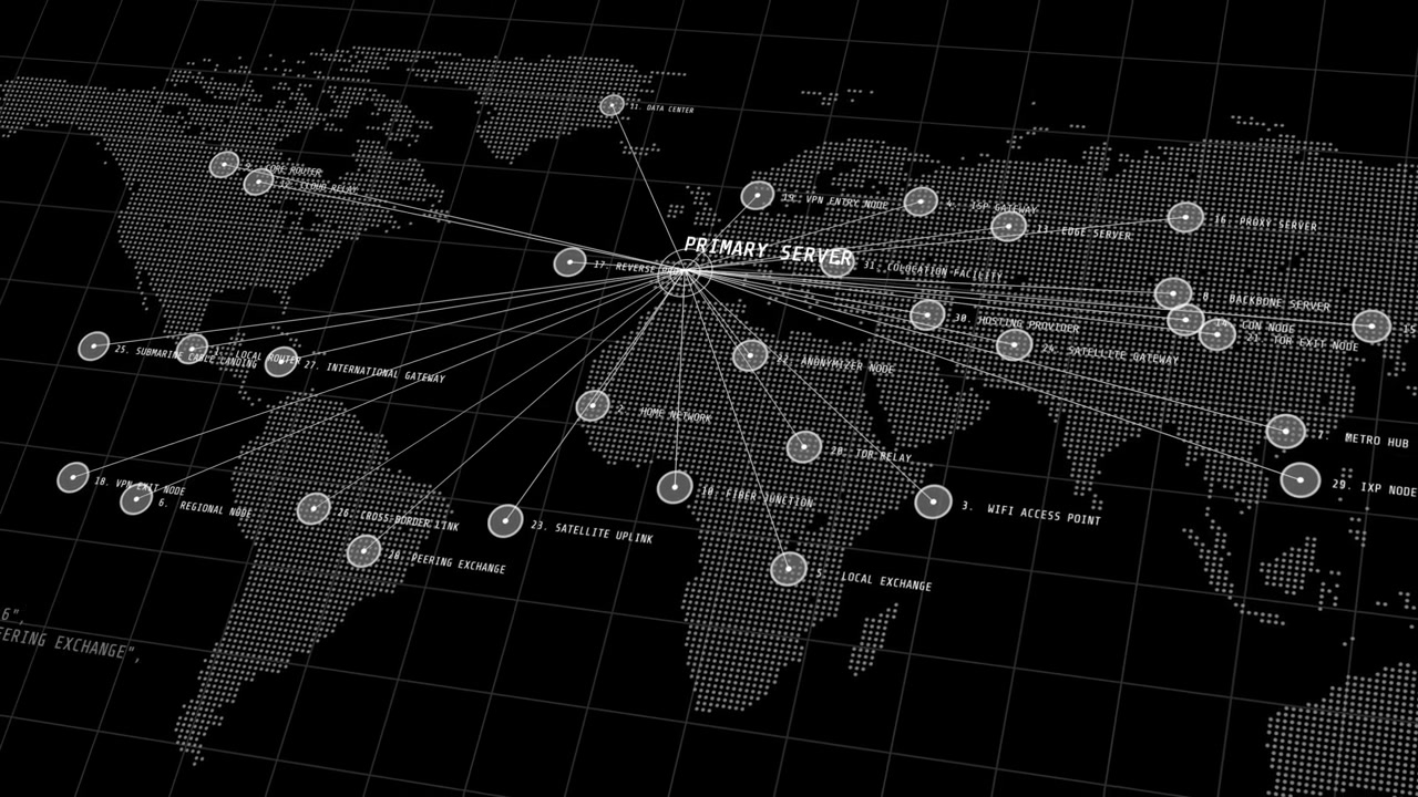 A 3D motion graphics world map tracking international server network junctions, data center hubs, and global fiber optic communication pathways.