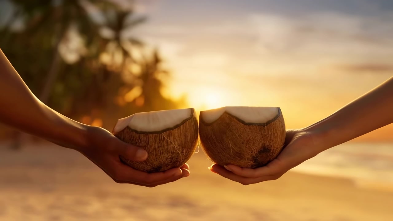 In this early sequence, two hands hold coconut shell halves in the foreground while the frame settles into a warm tropical beach sunset with blurred palm trees