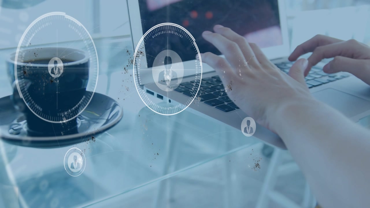 Hands starting light typing and causing HUD circles expanding over laptop visualizing user network