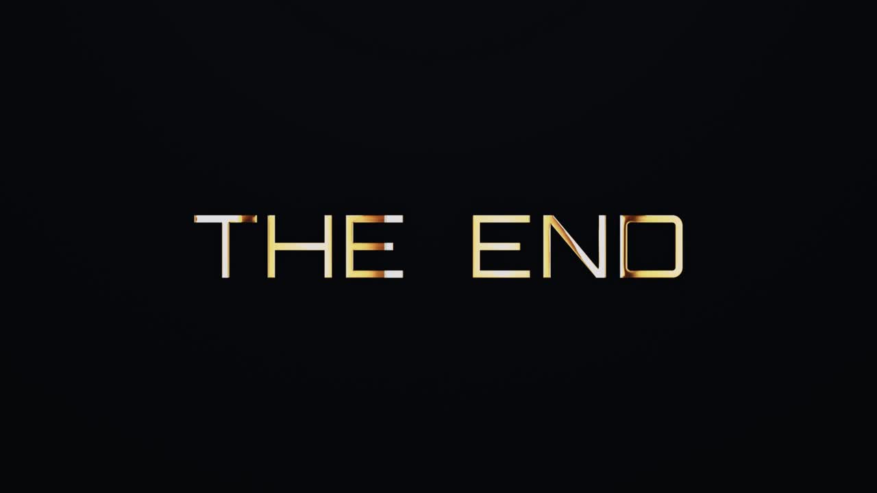 The End text word gold light animation loop with glitch text effect. 4K 3D seamless looping The End effect element for Cinema trailer, Sales Marketing title banner. Old Gaming Console Style.