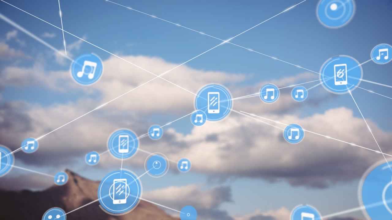 animação de rede de conexões com ícones sobre a paisagem