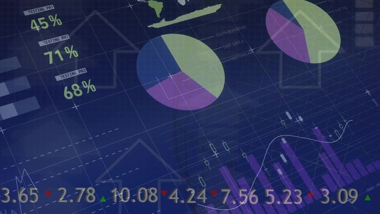 Animazione di elaborazione di dati finanziari su frecce e griglia.
