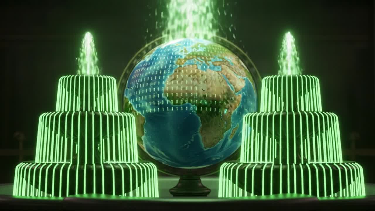A futuristic representation of Earth surrounded by cascading binary code fountains, symbolizing the intersection of technology and global connectivity in the digital age
