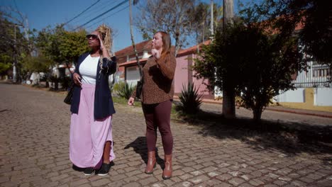 Two Women Walking and Talking on a Cobblestone Street