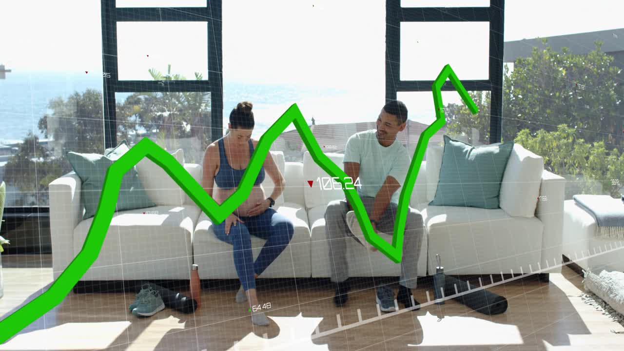 Two pals starting fitness prep tying shoes, checking tablet, green graph sweeping over seated pair