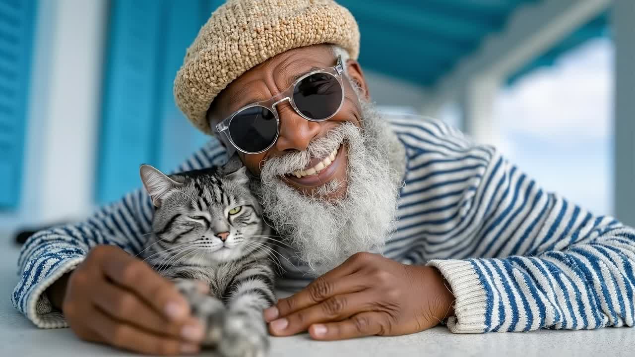 A man with a white beard and sunglasses holding a cat