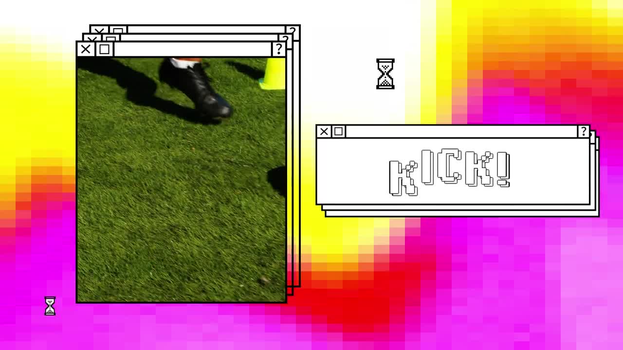 Animation of kick in white text in stacked window, with foot kicking football, on yellow and pink