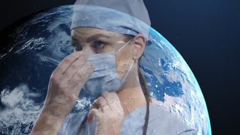 Animation-of-female-doctor-wearing-face-mask-over-globe
