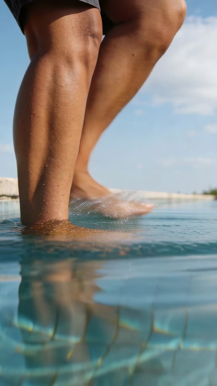 Vertical video: Testing water, adult man stepping into tiled pool, wearing dark swim shorts