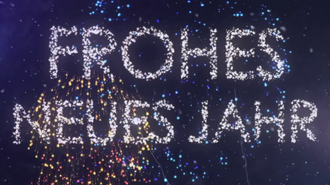 Frohes neues Jahr text animation over fireworks and sparkling lights