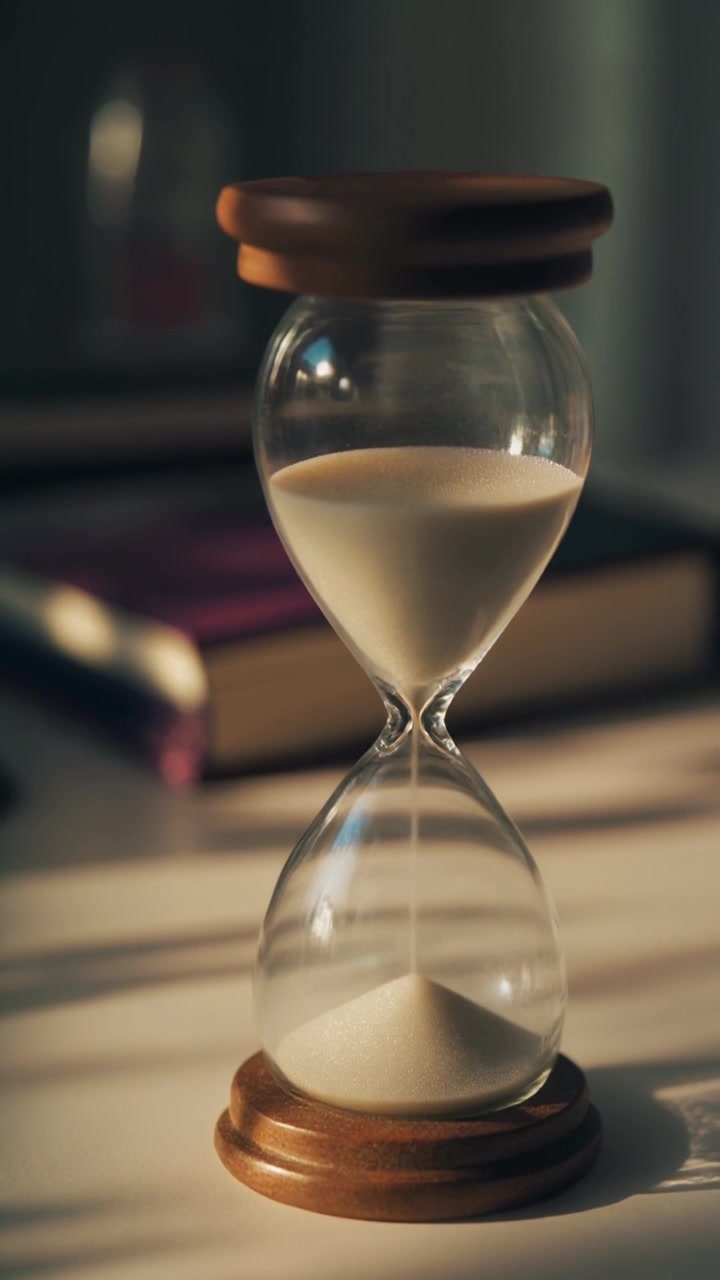 Glass hourglass with wooden base on desk in warm sunlight with book in background