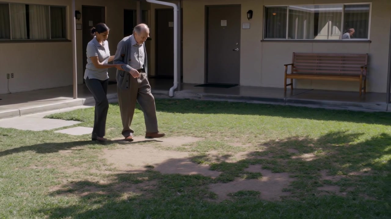 Placing hand on elbow, caregiver in light polo guiding senior across lawn toward bench to sit