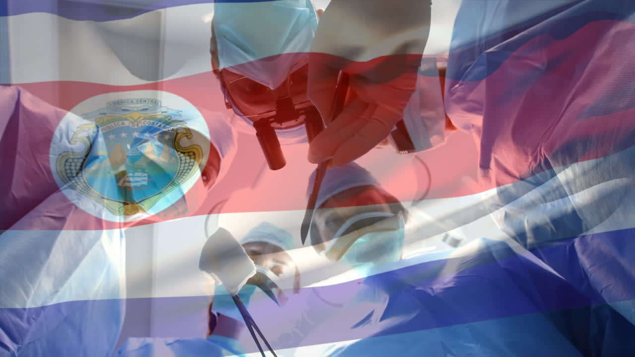 수술실 에서 외과 의사 들 위 에 흔들리는 코르사 리카 의  ⁇ 발 의 애니메이션