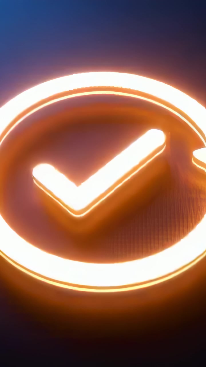 Vertical video: Looping ring arrow spinning on dark base with neon checkmark confirming success