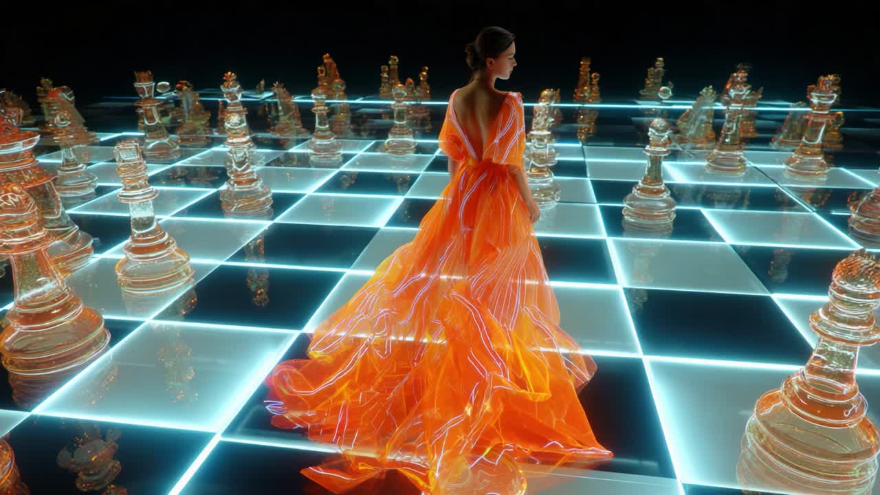 A Stunning Visual Representation of Strategic Thought: A Woman Dressed in an Orange Flowing Gown Stands Confidently on a Luminescent Chessboard Surrounded by Intricate Glass Chess Pieces, Symbolizing a Battle of Wits