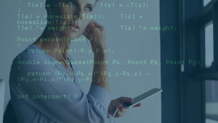 Animation of data processing over caucasian woman wearing earphones and using smartphone at office