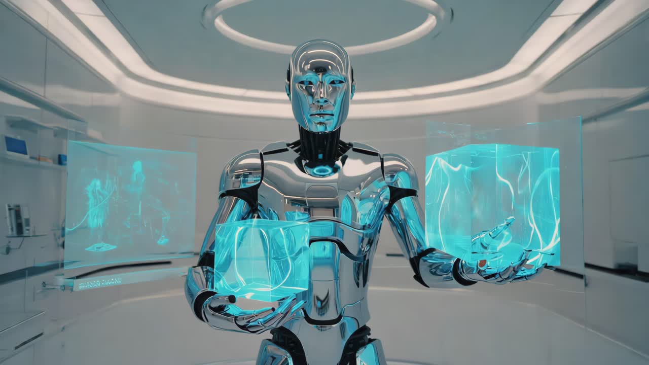 Futuristic robot manipulating holograms