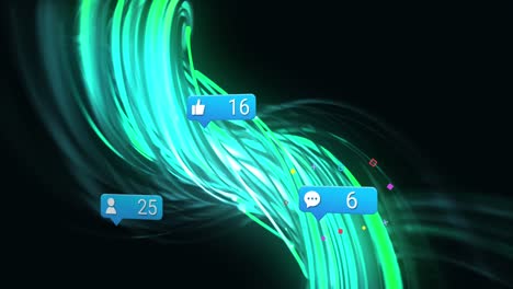 Animation-of-social-media-reactions-over-green-lines-on-black-background