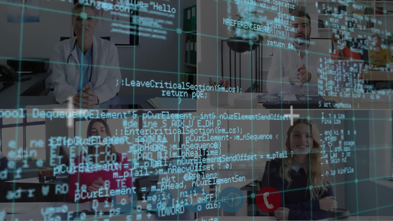 Animation of data processing over video call with business people and doctor