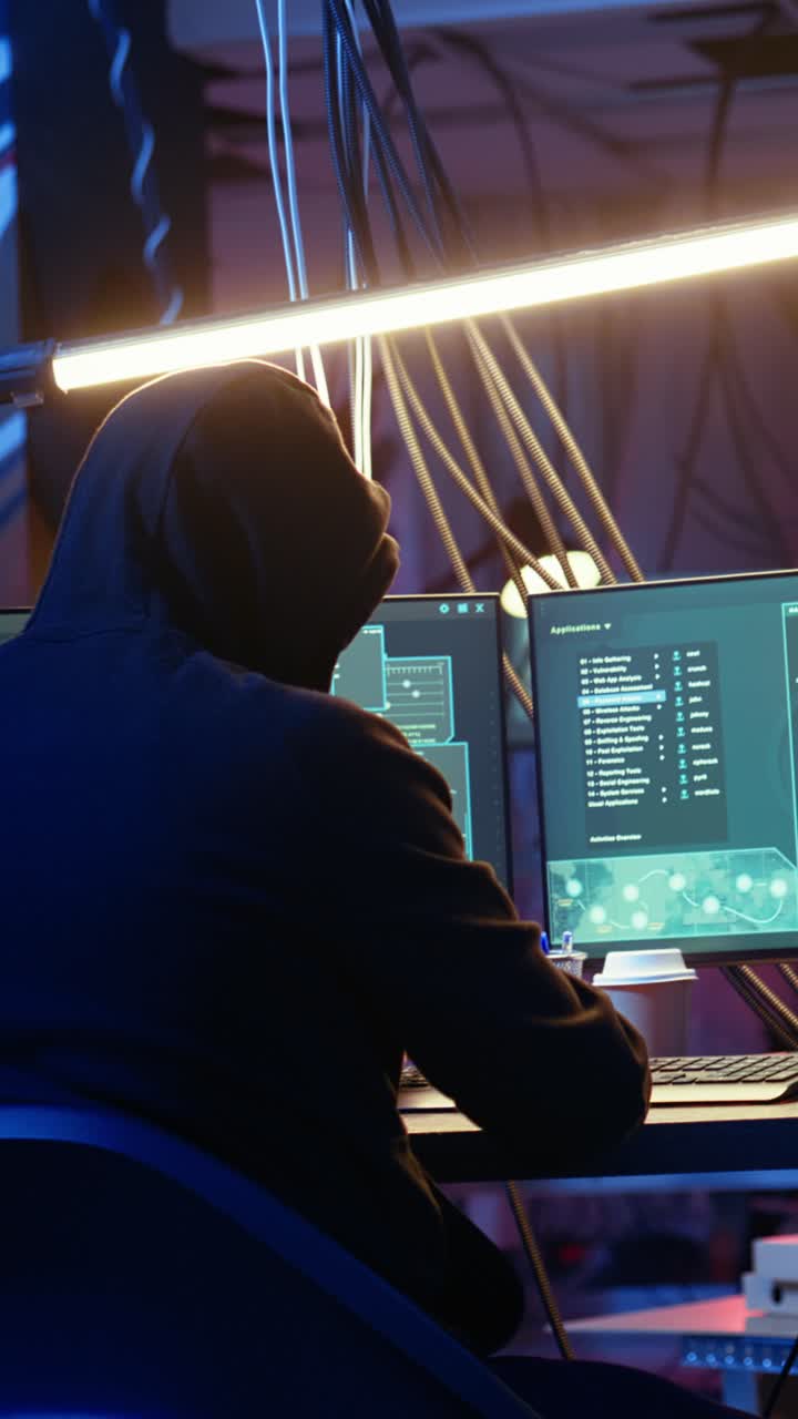 Vertical video Skilled hacker deploying malware on unaware victims computers