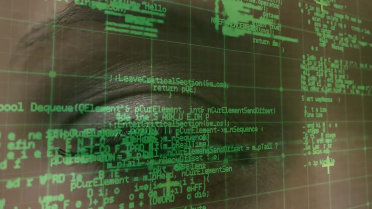 Data processing over grid network against close up of a female eye
