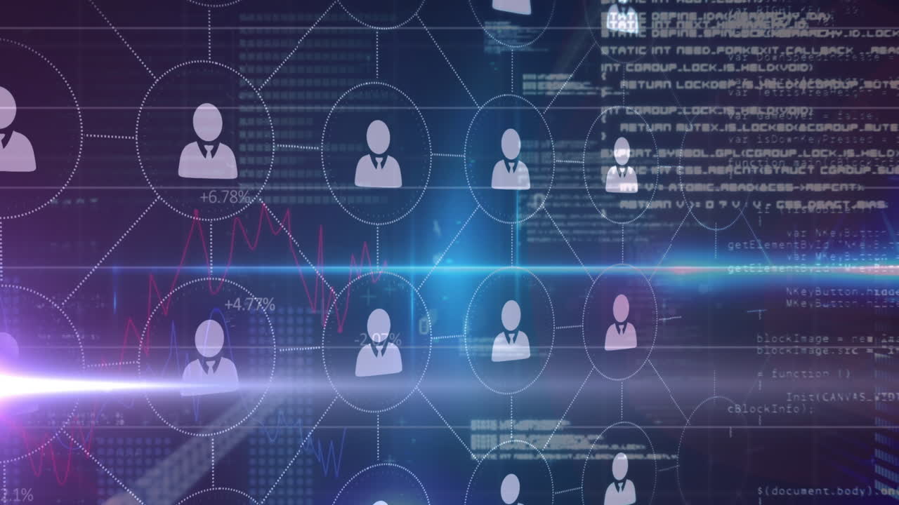 Animation of network of connections with people icons and data processing on blue background