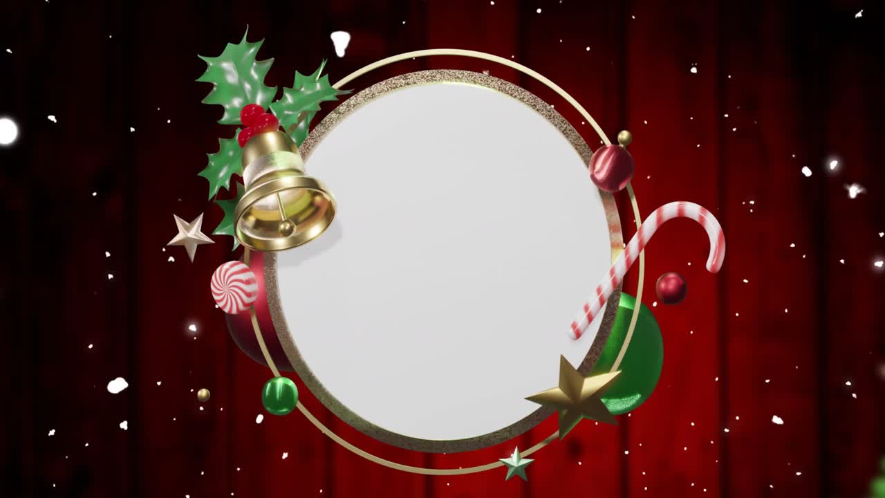 animación de la nieve cayendo sobre las decoraciones de navidad alrededor de un letrero circular blanco en tablas rojas.