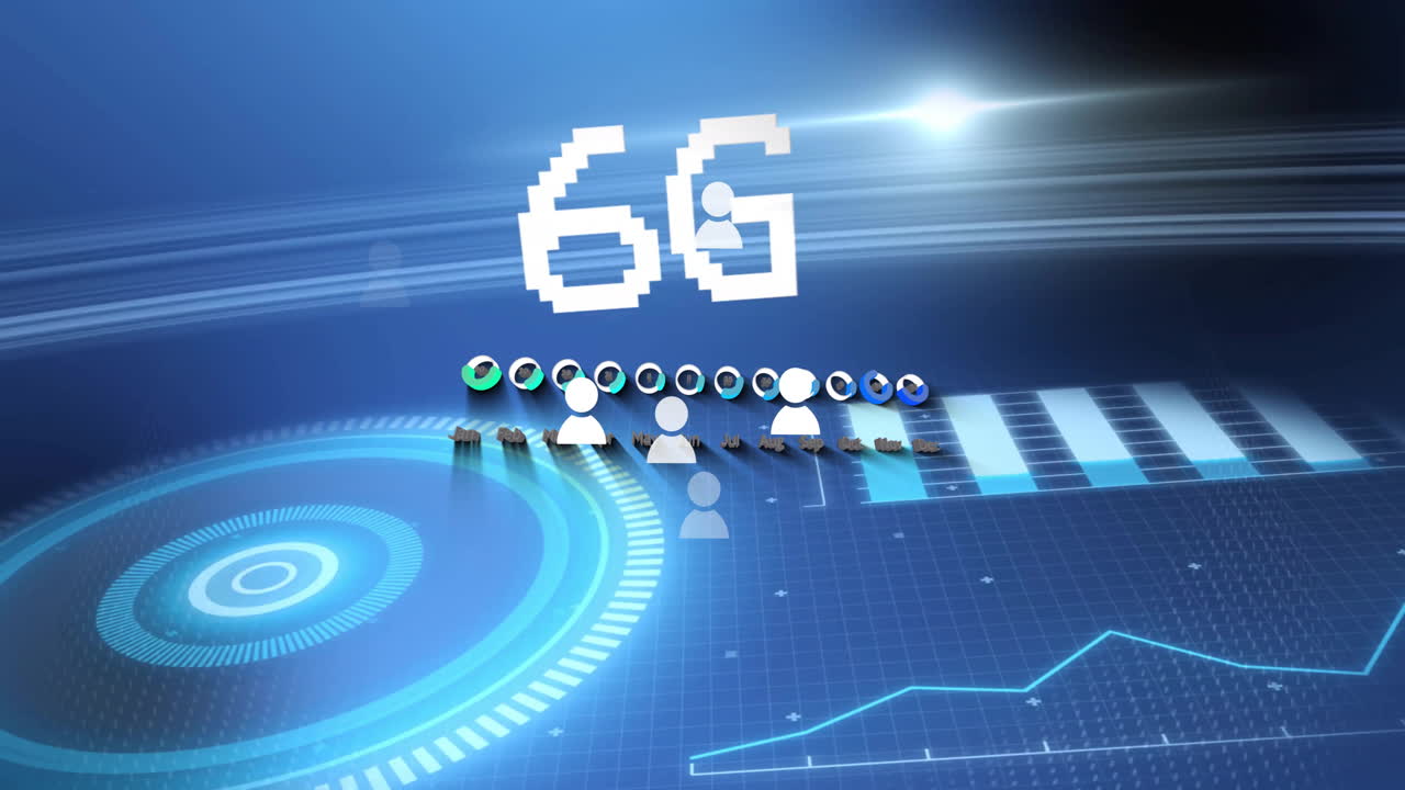 animación de tecnología 6g a través de interfaz digital con gráficos y visualización de datos