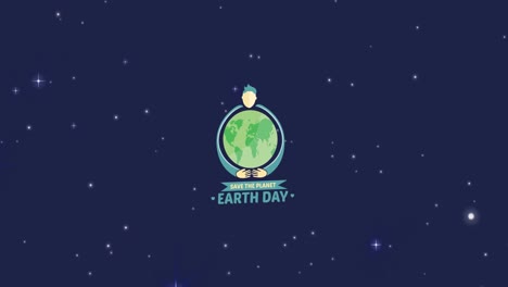 animation of save the planet earth day text with person hugging earth and stars on blue sky