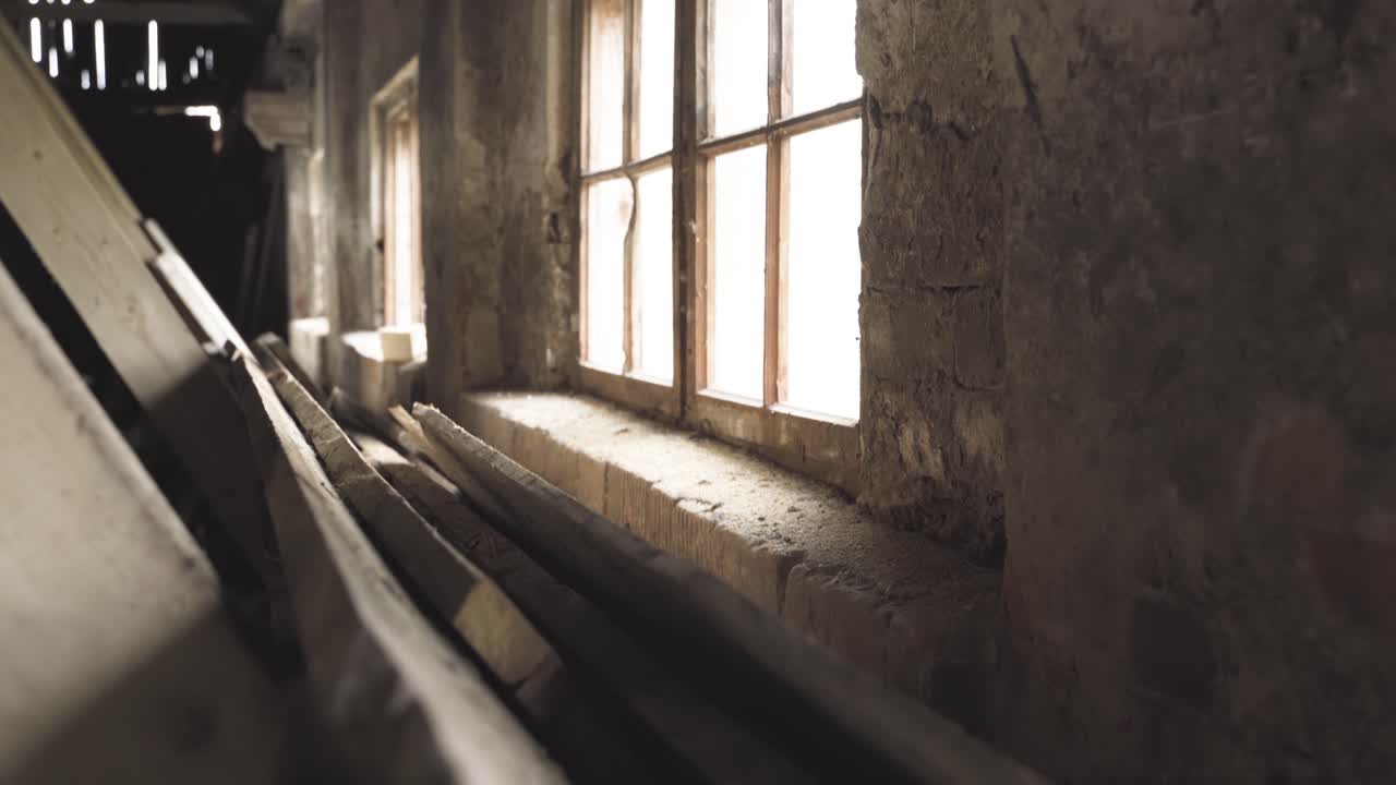 Gimbal shot of demolition wood inside building under renovation. Close up