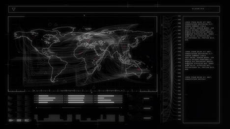 animación del procesamiento de datos con un mapa del mundo en fondo negro