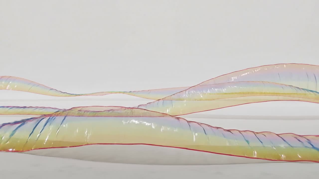 Flowing iridescent ribbons responding to frame progression, rising across studio floor