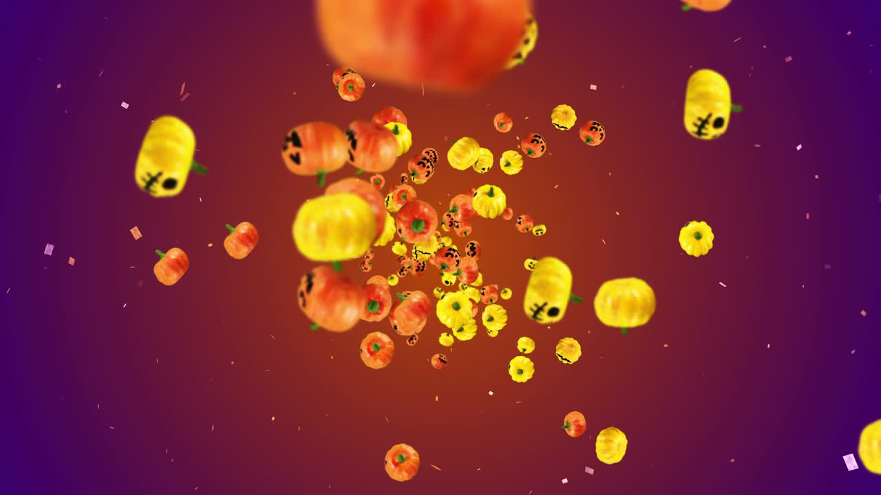 많은 오렌지색과 노란색의 호박을 날아다니며, 그라디언트 배경, 미소로 만화 얼굴, 할로윈 휴가에 대한 3d 애니메이션, 루프 애니메이션.