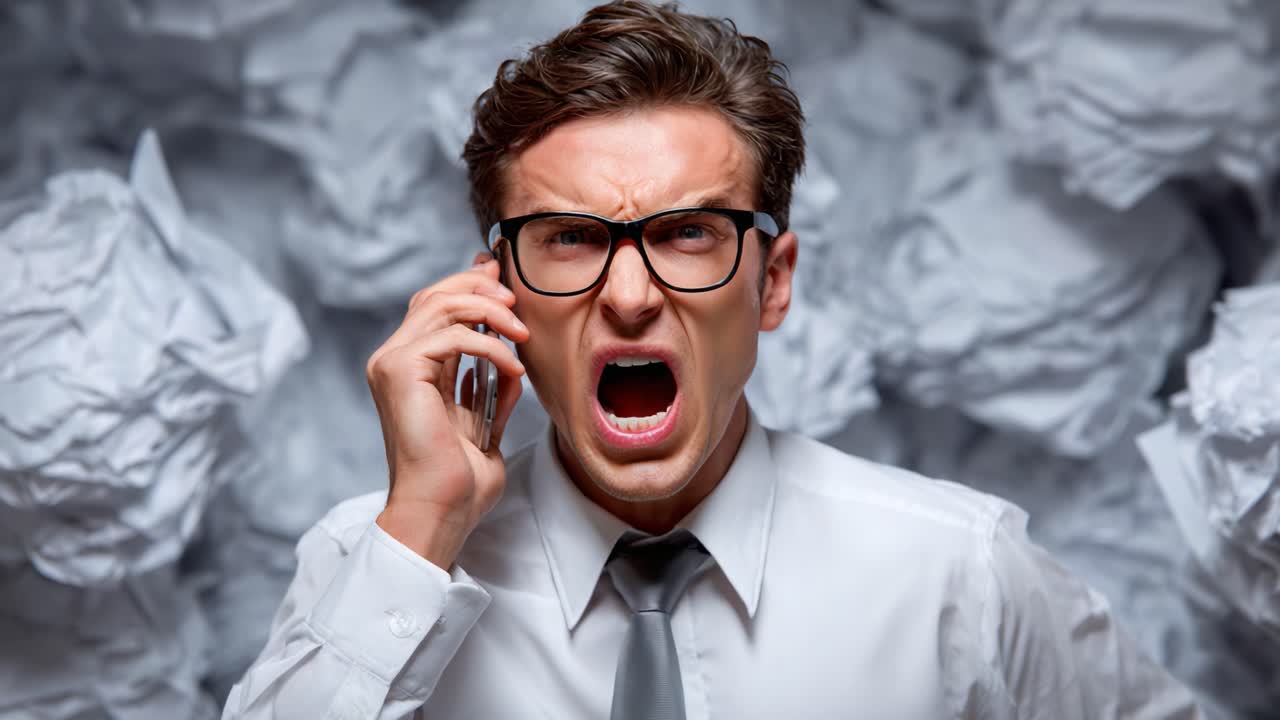 Frustration Unleashed: A Distressed Man Yelling into a Phone Surrounded by Chaos of Crumpled Paper Symbolizing Overwhelming Stress and Communication Breakdown